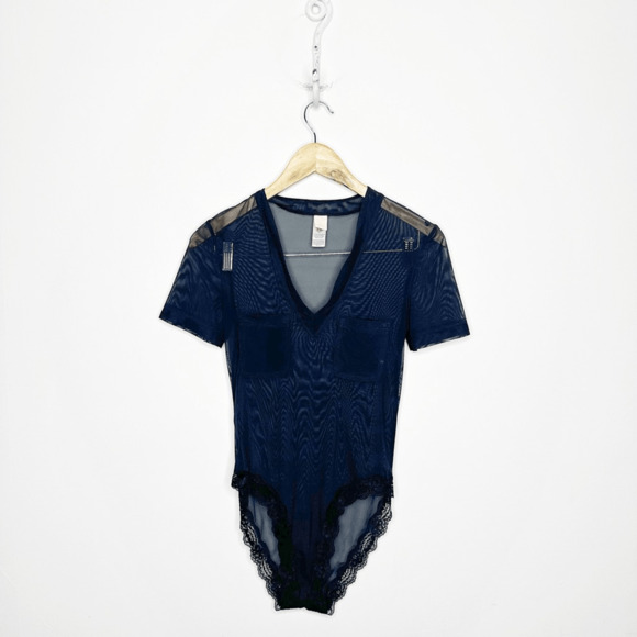 We are HAH Body Glove Bodysuit Noir BLACK short sleeve semi sheer mesh S SMALL - Picture 1 of 7